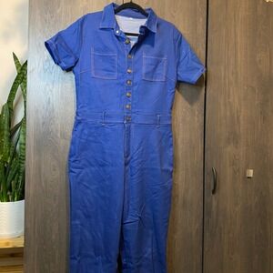 Blue Short Sleeve Denim Jumpsuit Button Front Utility Boiler Suit XL